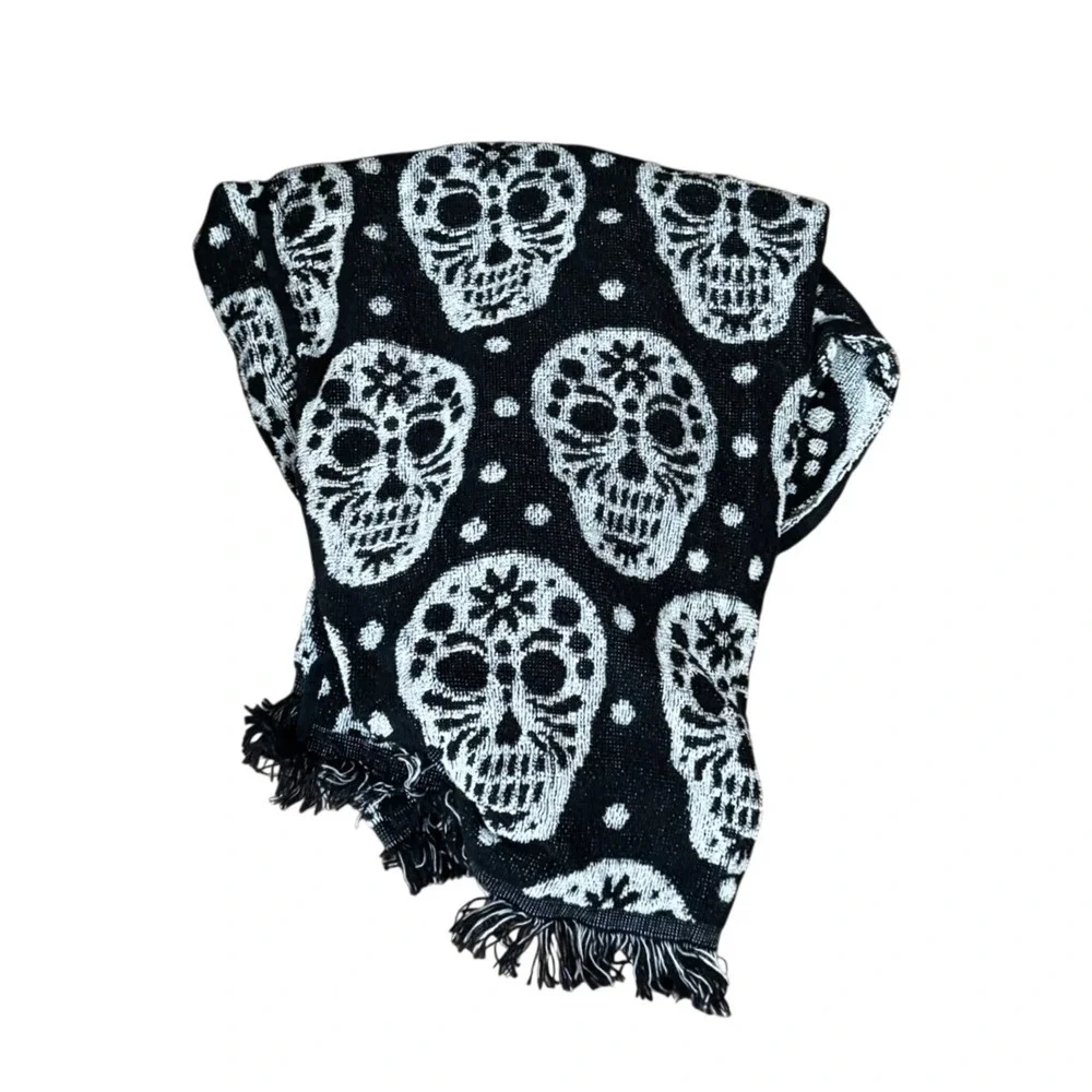 Deborah Connolly Sugar Skull Kitchen Towels Set of 2 Black White Fringe NWOT